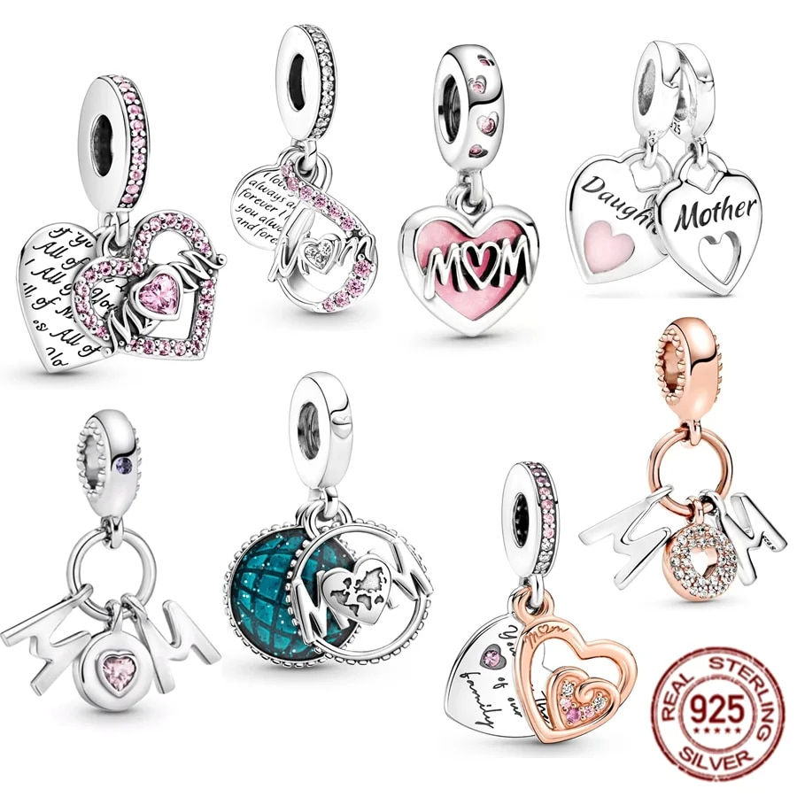 925 Silver Mom Heart Charm: Fits Pandora. Fashion Gift for Women.