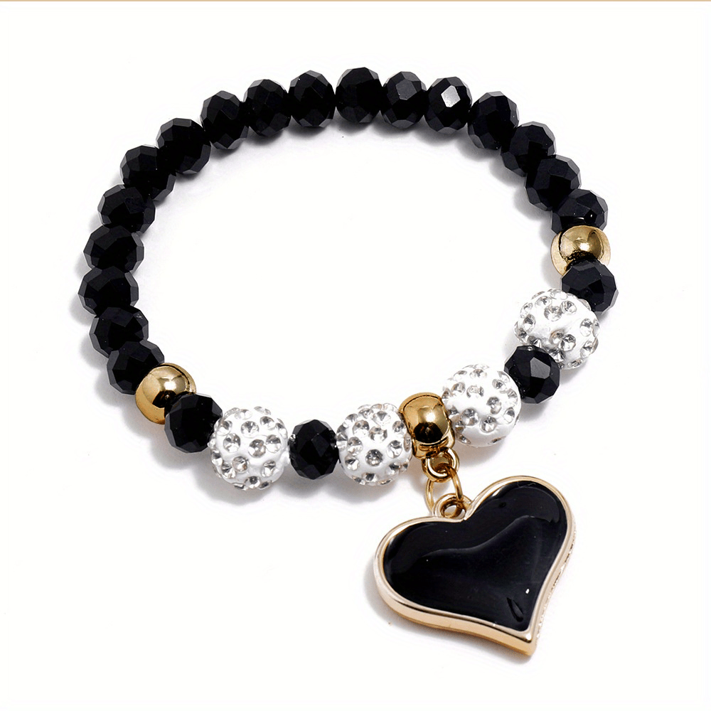 Vintage Black Heart Pendant Beaded Bracelet Romantic Hand Jewelry Gift For Women
