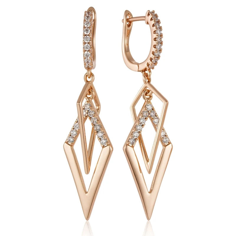 Kinel Rhombus Drop Earrings, Natural Zircon 585 Rose Gold Daily Ethnic Jewelry