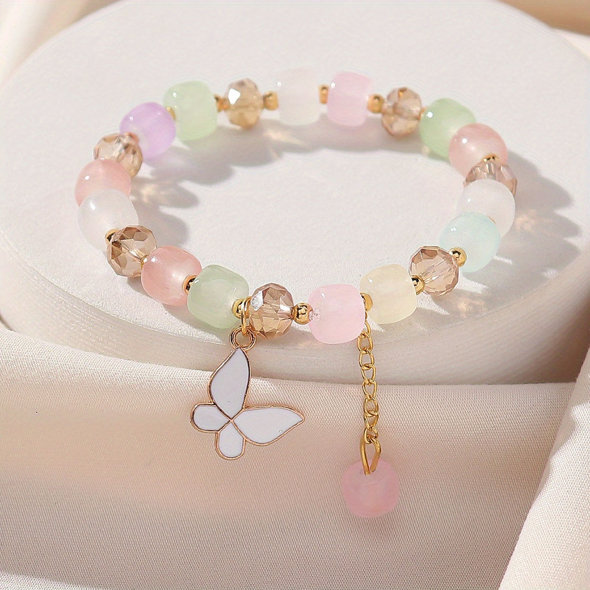 Stylish Beaded Painting Butterfly Charm Stretch Bracelet For Women Girls Ani