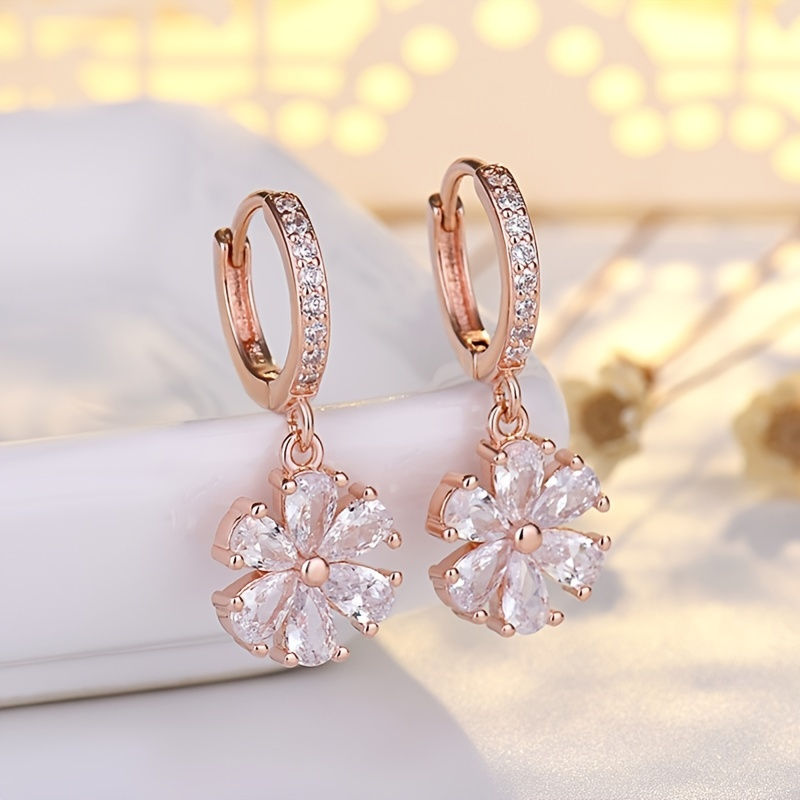 Flower Zircon Drop Hoop Earrings Plated Ear Buckle Earrings Party Holiday Decor