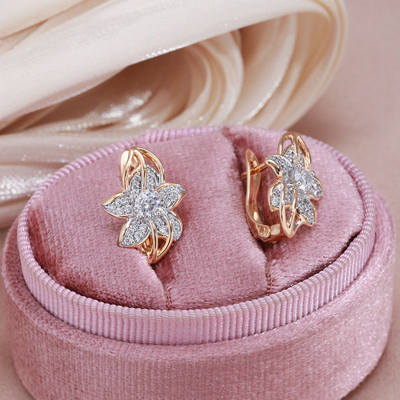 1 Pair Luxury Golden Silvery Flower Earrings For Women Vintage Zircon Bride Wed