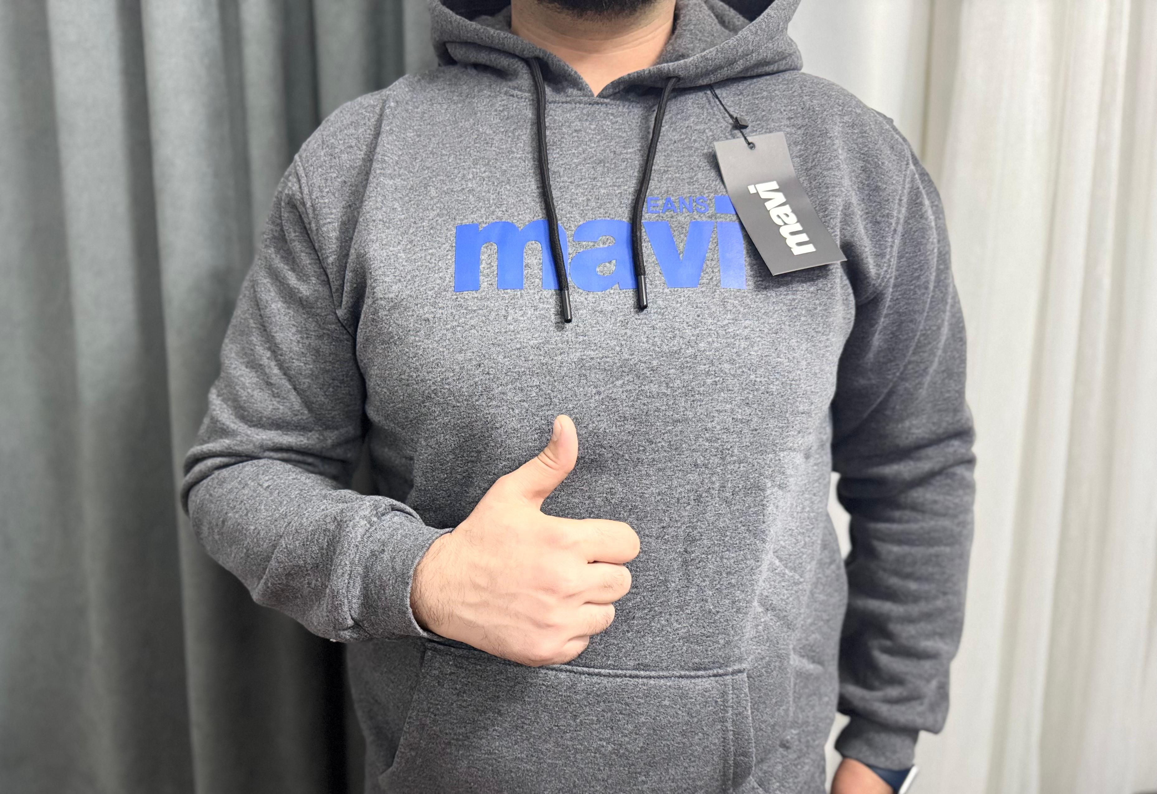 Mavi Füme Kapüşonlu Kanguru Cep Detaylı Şardonlu Premium Sweat