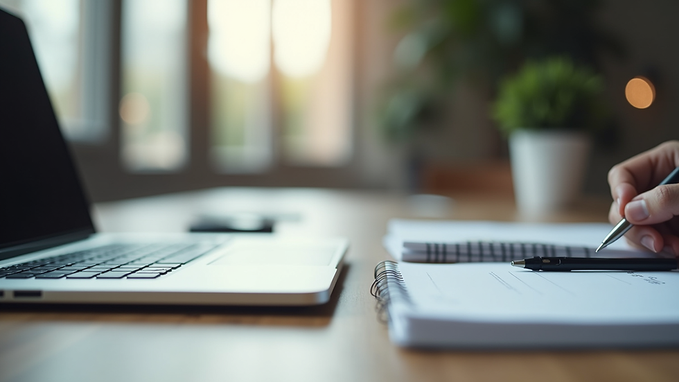 Eye-level view of a modern office workspace with a laptop and notes