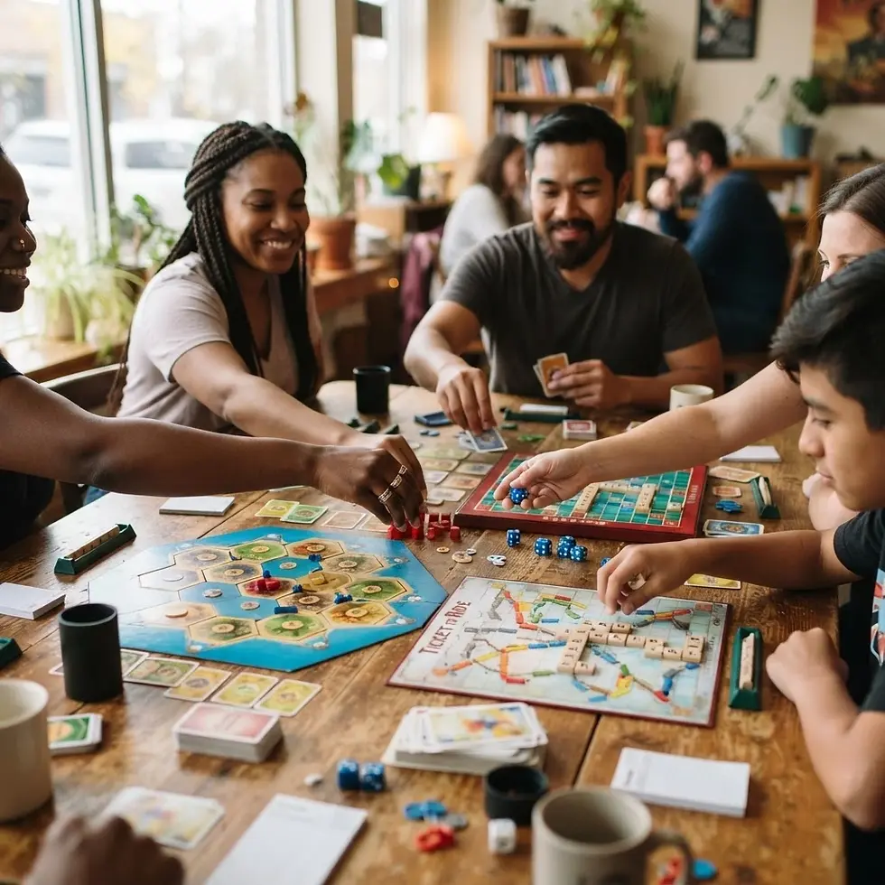 Candid photography of a diverse group of friends enjoying a game night with multiple board games on a wooden table. The atmosphere is warm, relaxed, and filled with cheerful social interaction.