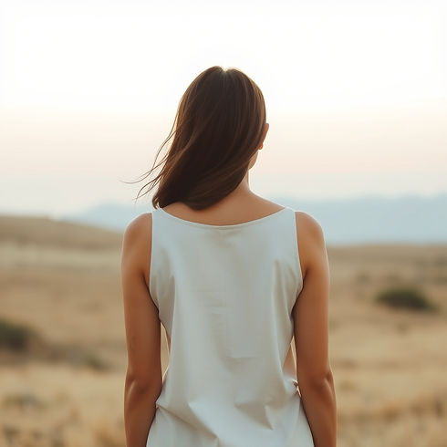 A woman standing in soft natural light at dawn, facing a calm landscape with open sky. Min