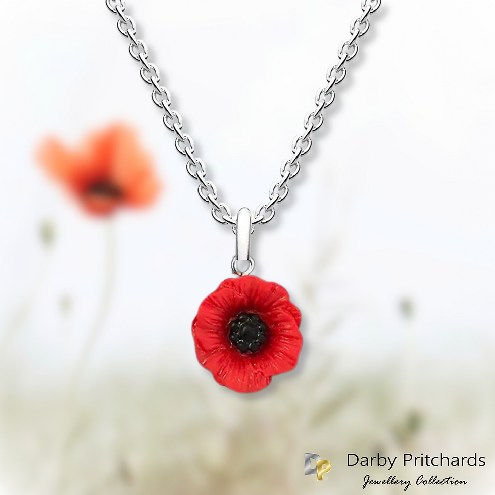 Thumbnail: Poppy pendant hanging on a silver chain. Poppy necklace on a poppy background