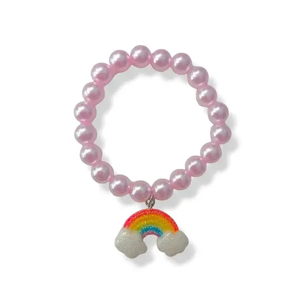 pink beads on a stretchy bracelet with a colourful hanging rainbow, on a white back ground