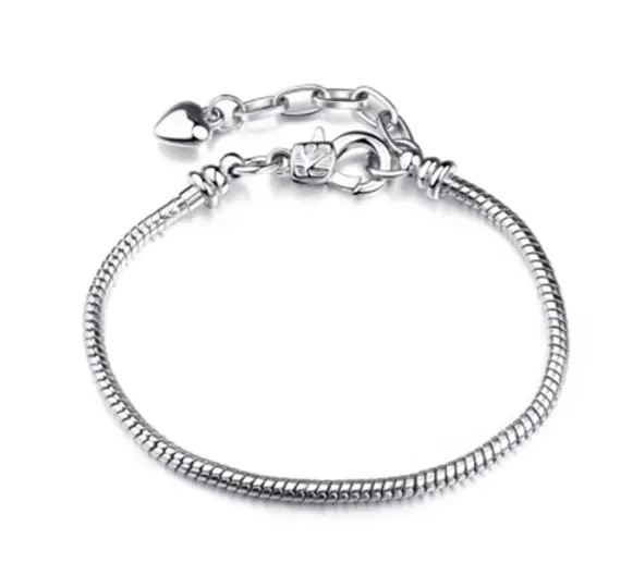 silver charm bracelet with a heart on the chain, on a white background