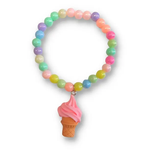 colourful beads with a pink ice cream hanging in the middle, on a white background