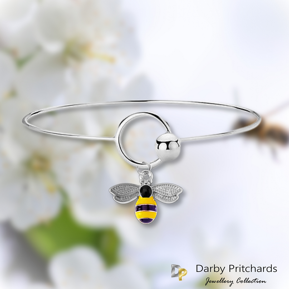 Thumbnail: Yellow and black bee hanging from a bangle with a circle on it. On a floral background