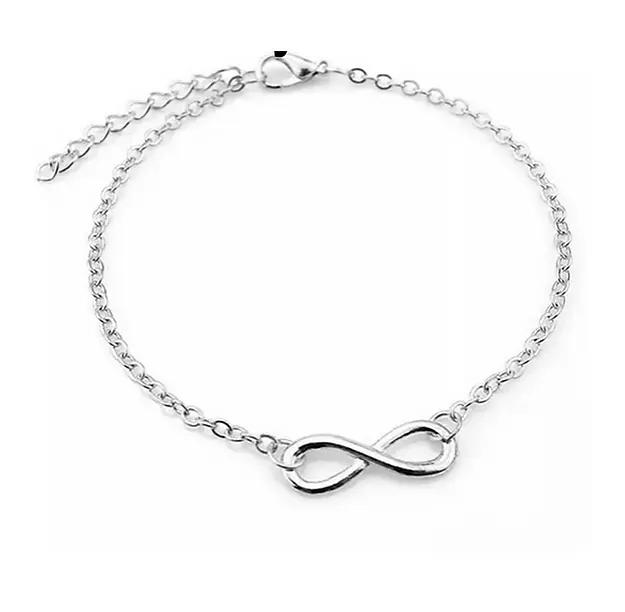 simple silver bracelet with an infinity symbol set in the middle, on a white background