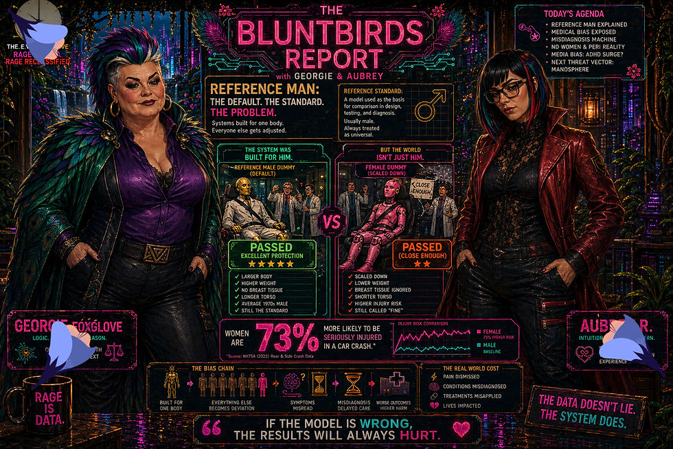 A richly detailed retro-futurist infographic poster titled “The BluntBirds Report” featuring two women hosts standing on either side of a neon investigative display about “Reference Man” bias in medicine and design. On the left, Georgie Foxglove stands confidently in a dramatic purple satin blouse, black leather pants, and a peacock-inspired feathered coat with jewel-toned hair streaked in teal and magenta. On the right, Aubrey R. wears a dark red leather jacket and glasses, standing with a skeptical investigative posture. Between them, glowing arcade-style panels explain how male bodies became the default standard in medicine, safety testing, and design, including comparisons between male and female crash-test dummies. Bright infographic elements highlight statistics about women being more likely to be seriously injured in car crashes, while additional UI panels discuss misdiagnosis, medical bias, and systemic exclusion. The artwork blends cyberpunk jungle aesthetics, neon noir lighting, retro arcade typography, and investigative satire in vivid magenta, teal, gold, and jungle-green tones.

