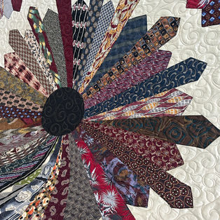 Appliqued necktie memory wall hanging quilt with Trellis leaf vine pantograph longarm quilting by High Rock Quilter.
