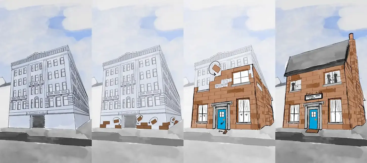 Storyboard showing white building turning into red brick home