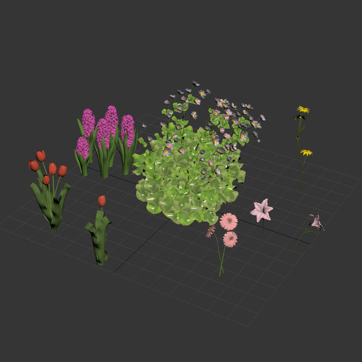 Screenshot from 3d software showing 3d flower models