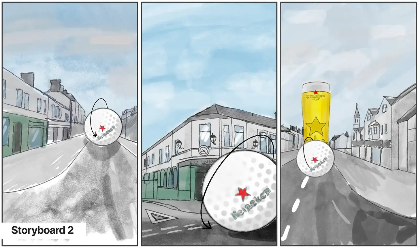 Storyboard 2: Golf ball rolls past pub