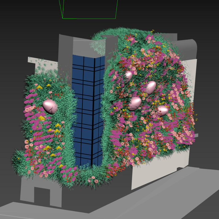 Screenshot from 3d software showing flowers growing up the side of a buidling