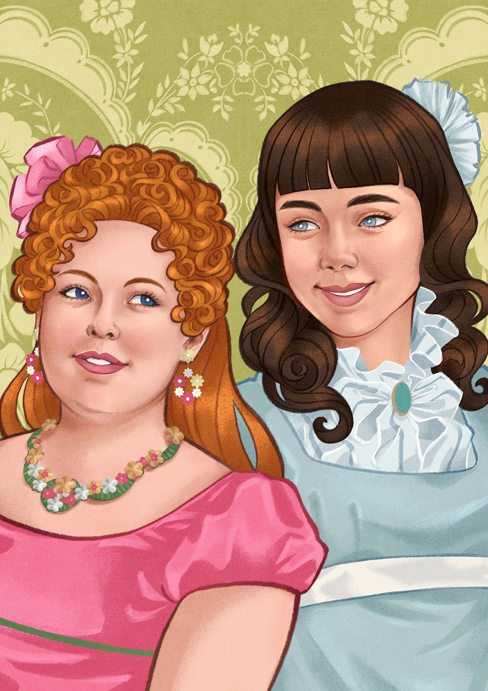 An animation of two girls wearing formal attire