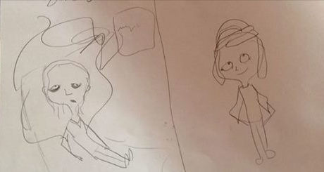 Child-like sketches of two figures on paper, one lying down with a speech bubble, the other standing. Simple lines, no colors.