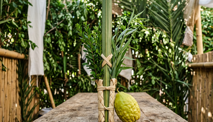 Eye-level view of the four species resting on a wooden table in a sukkah