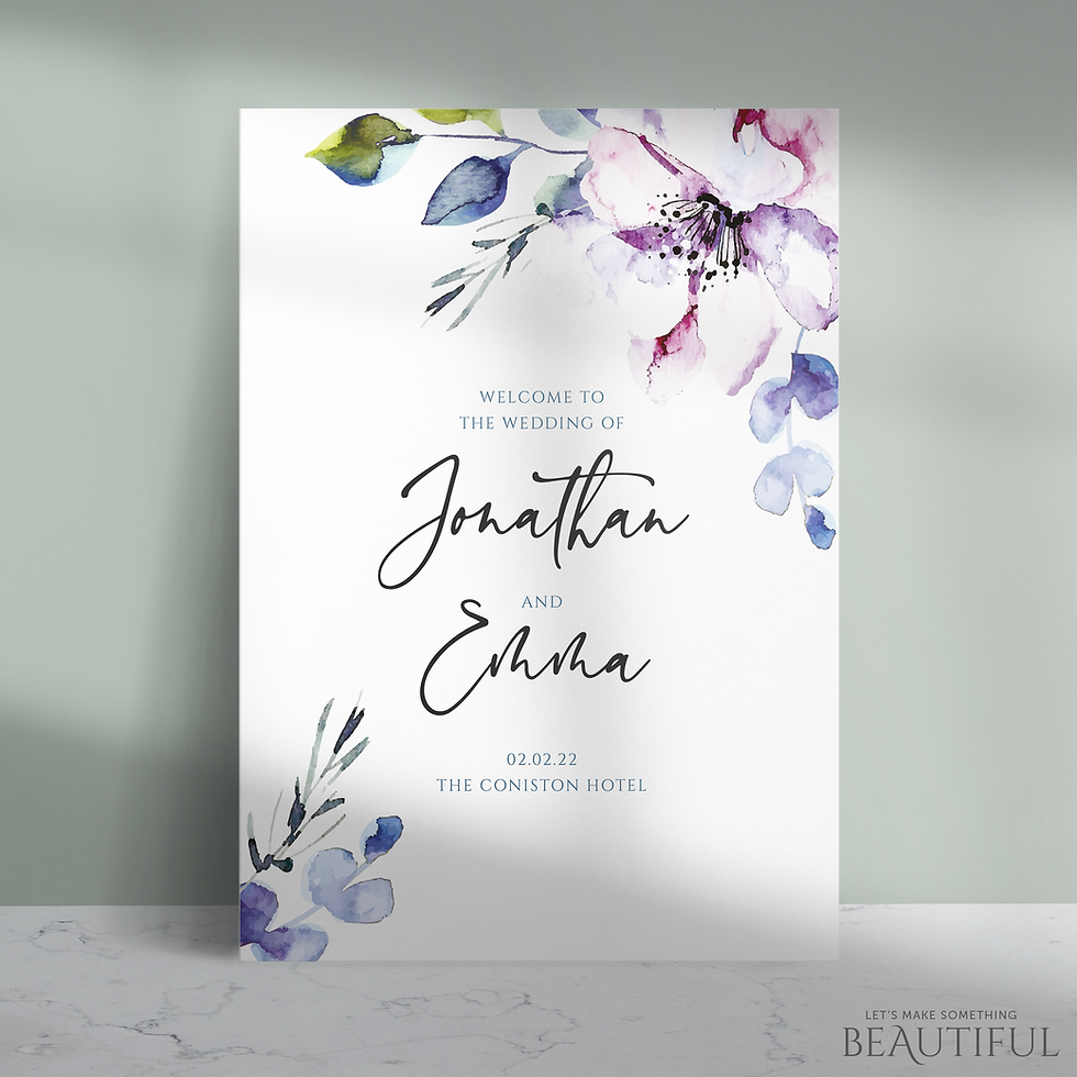 floral wedding stationery uk, wedding welcome signs uk, summer wedding welcome sign, flower design welcome sign for wedding