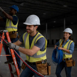 Instalação elétrica em galpão comercial e empresarial, com eletricistas profissionais realizando a passagem de cabos e montagem do sistema elétrico, destacando que a instalação de energia exige cuidados e cautela para evitar riscos quando não executada por profissionais habilitados.