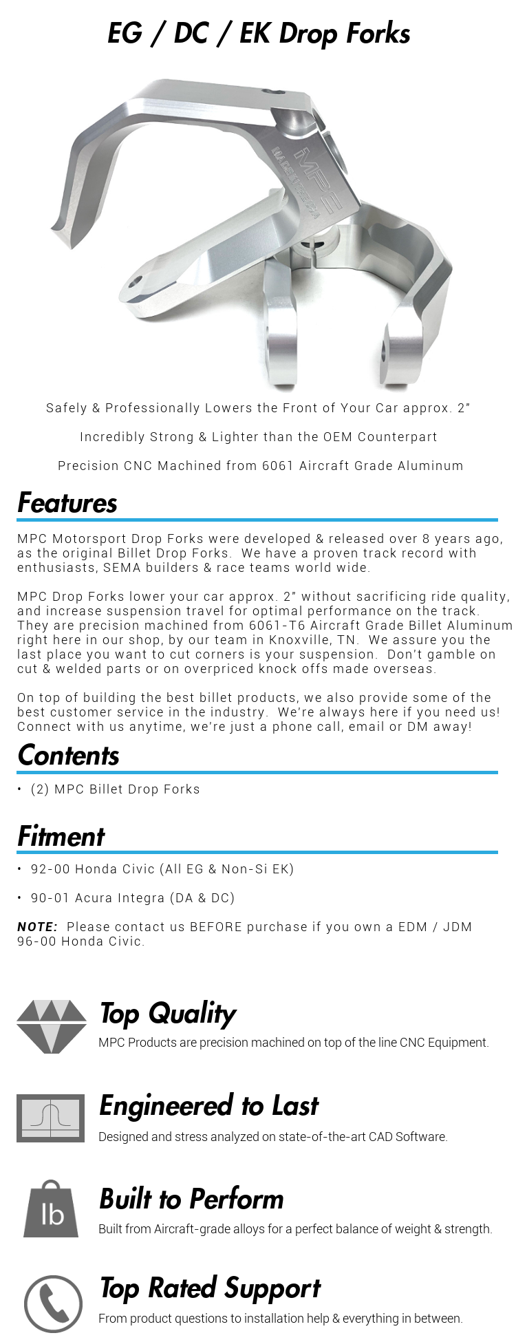 DC EG EK Honda Civic Acura Integra MPC Motorsport Billet Drop