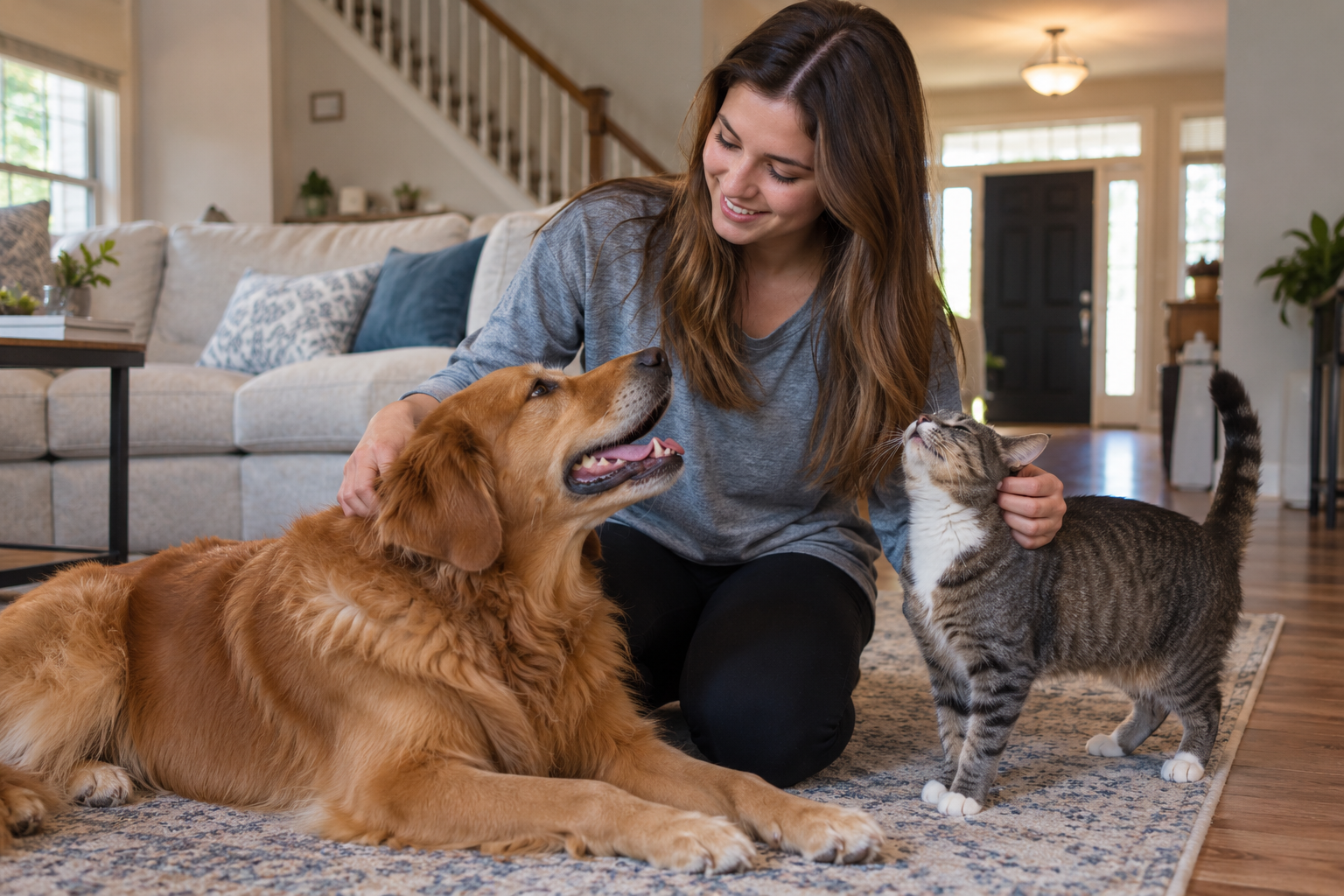 Young professional pet sitter caring for a dog and cat inside a Stafford Virginia home