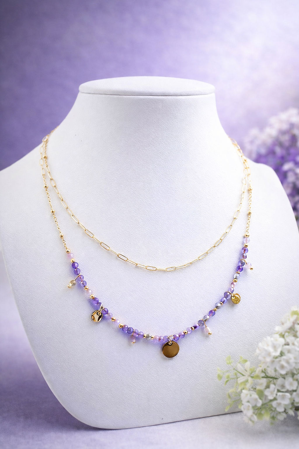 💜 Collier Iris Doré – Améthyste A
