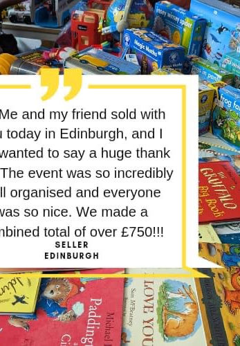 A colourful picture of a stall selling children's books and jigsaws at 
 a Baby and Children's nearly new sale in Edinburgh