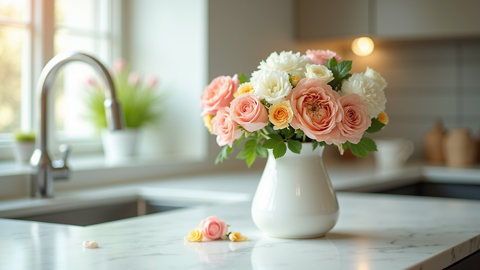 High angle view of a sparkling clean kitchen countertop with fresh flowers
