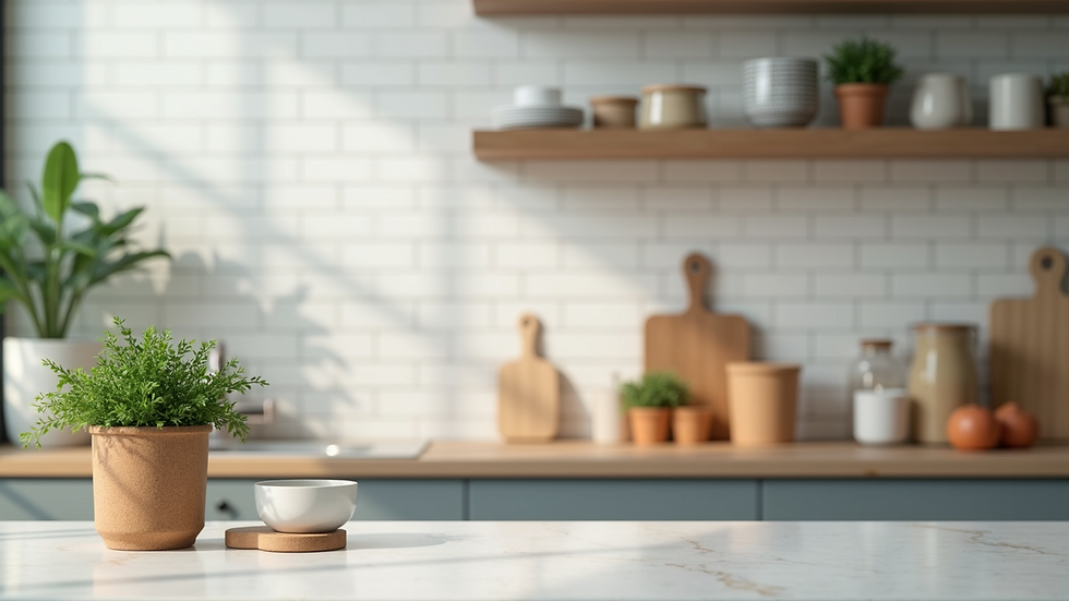 High angle view of a clean and organized kitchen countertop