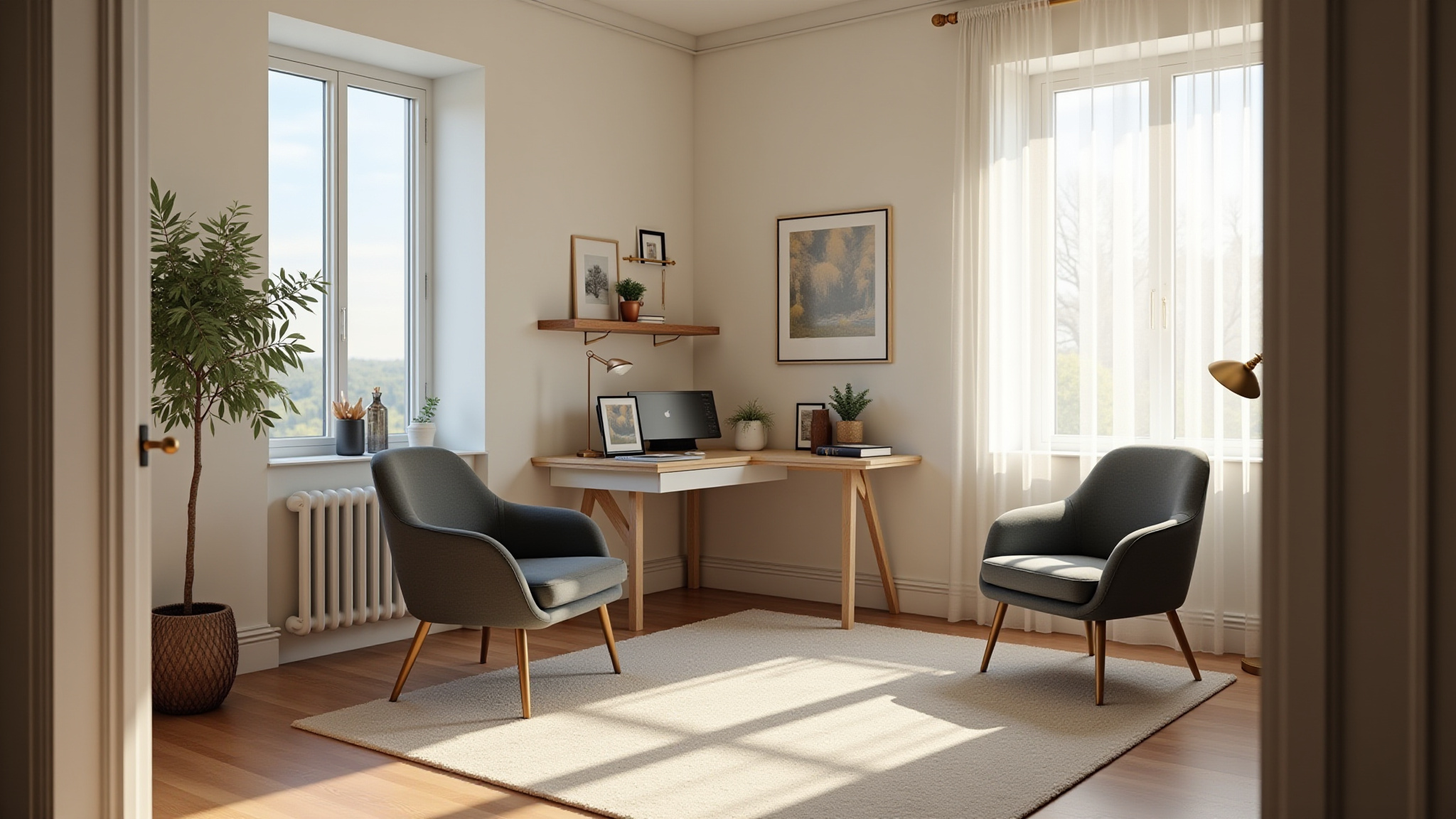 밝고 아늑한 서재, 큰 창문과 두 개의 안락의자, 나무 책상.