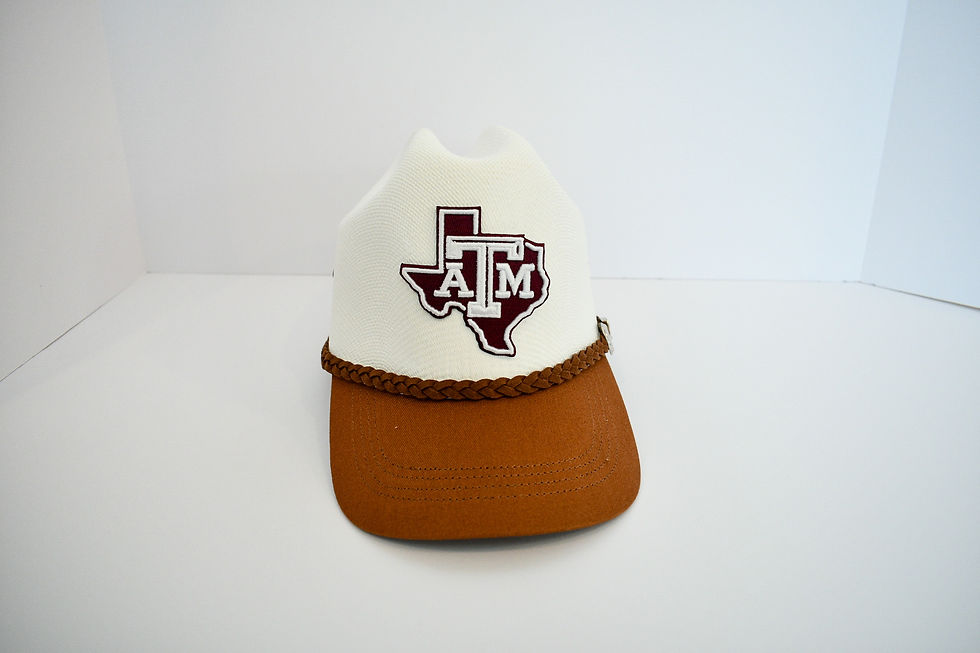 Front view of Texas A&M cowboy hat with brown brim and embroidered Texas A&M logo.