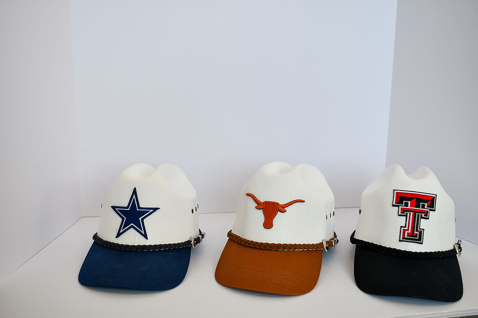 Customizable cowboy cap with interchangeable team patches, including New York Yankees, Arkansas University, Texas University,