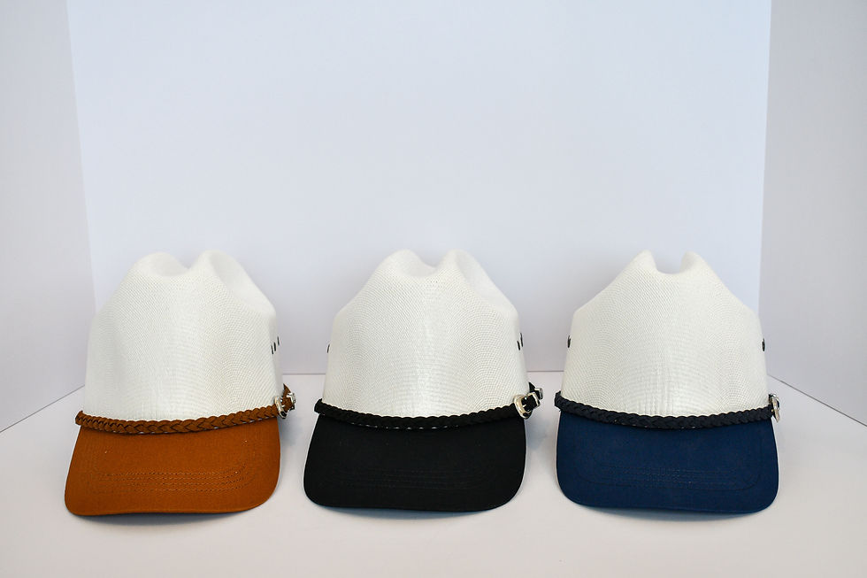 Customizable cowboy cap in navy, black, and brown, featuring a cowboy hat crown and ball cap brim with braided trim