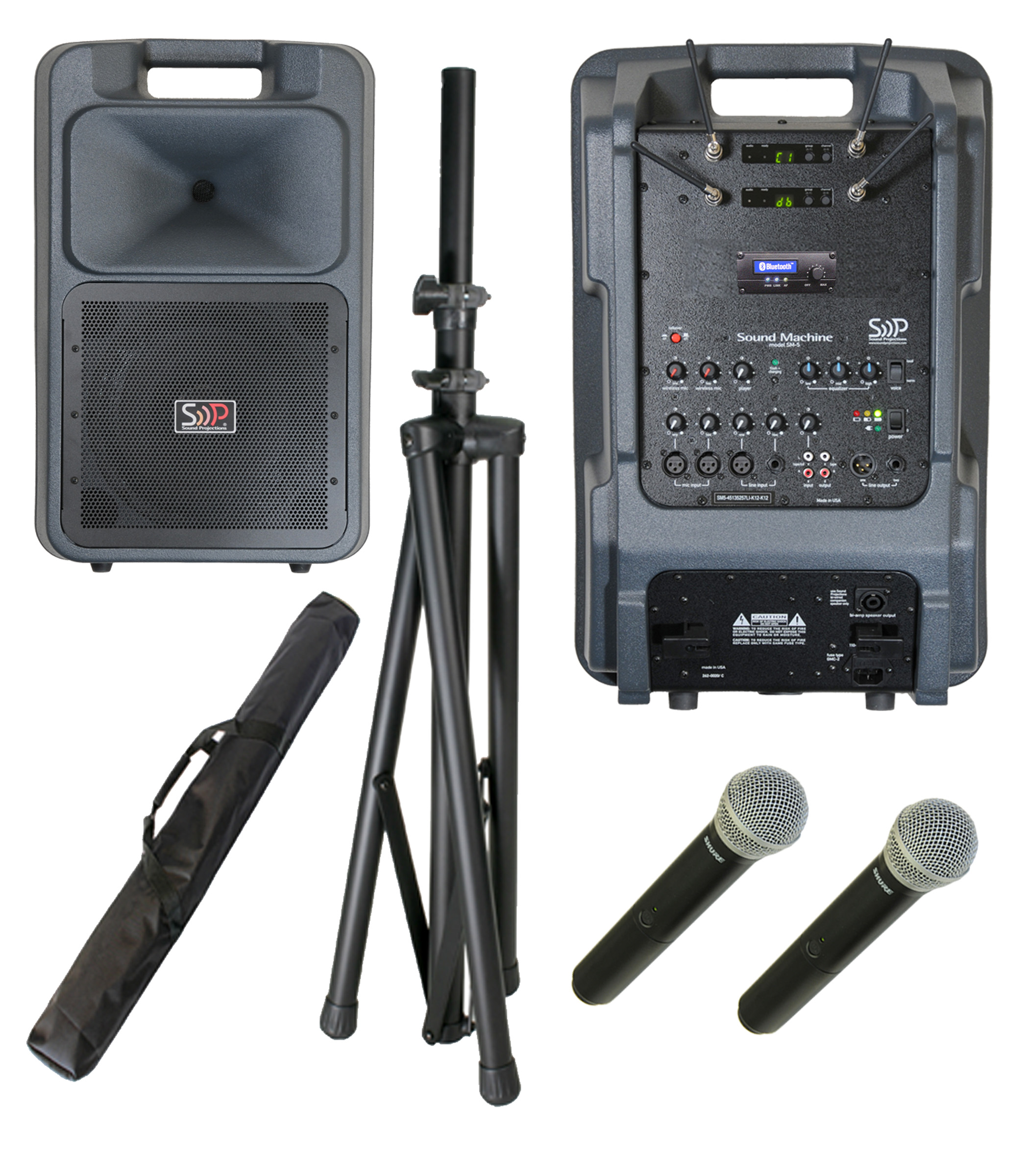 Sound Projections SM5-HH-HHBT &mdash; SM-5 + Dual Shure 123-Ch UHF Handheld Wireless + Bluetooth/MP3