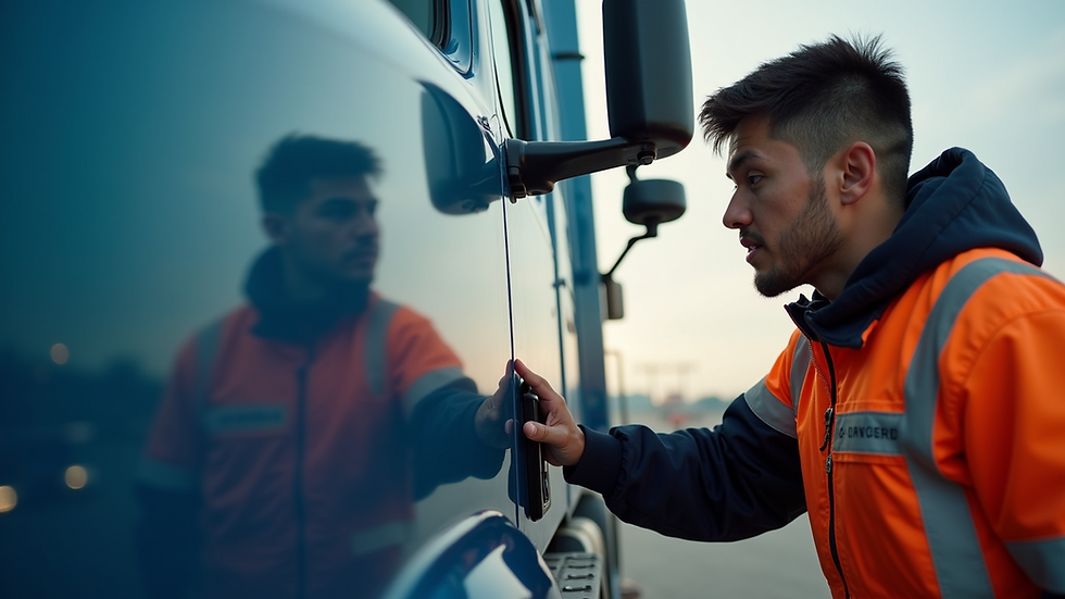 Close-up view of a trainee performing a pre-trip inspection on a truck
