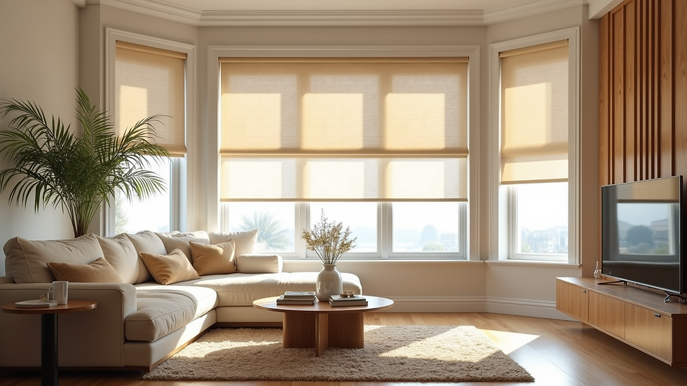 Eye-level view of a modern living room with beige lawn blinds covering large windows