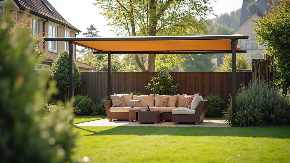 Close-up view of waterproof custom lawn blinds protecting a garden seating area