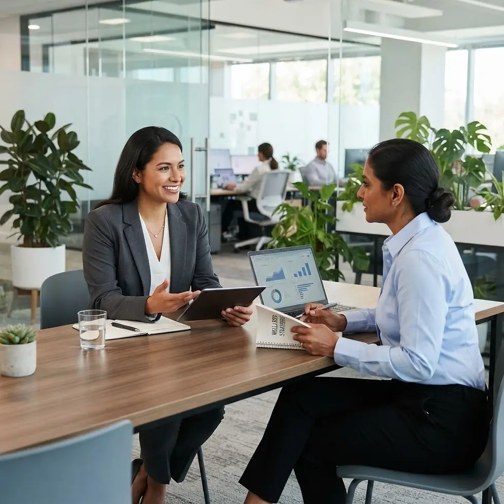 Packshot photography of two women in a business meeting, discussing a tablet and documents at a wooden table. The setting is a modern, bright office.