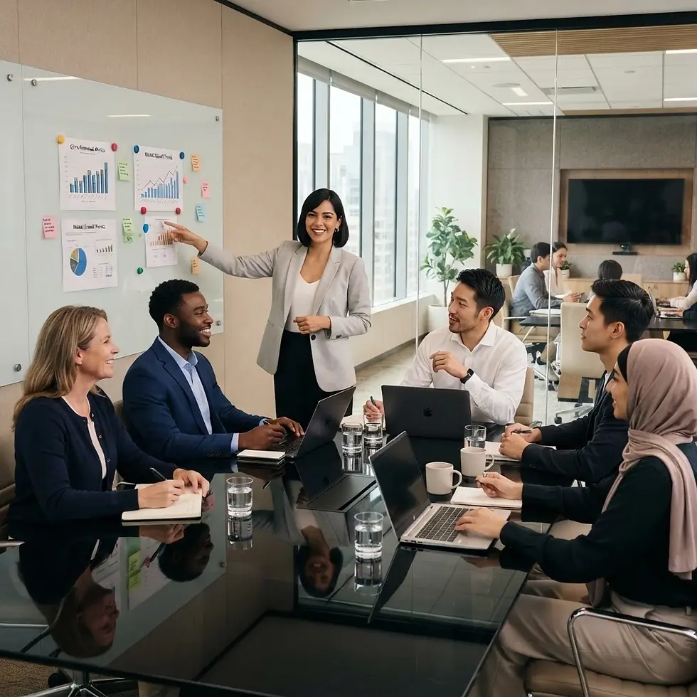 Corporate photography of a woman presenting charts on a whiteboard to colleagues during a business meeting. The team is engaged and collaborating around a conference table.