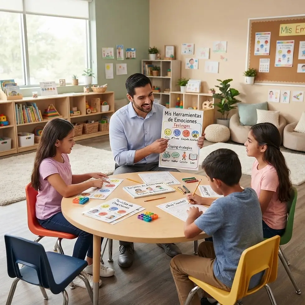 Classroom photography of a teacher leading a lesson with young students. The bright, engaging classroom setting fosters a positive learning environment.