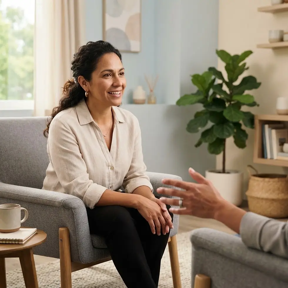 Studio photography of a woman smiling and engaged in conversation in a comfortable armchair. The scene conveys a supportive and engaging mood.