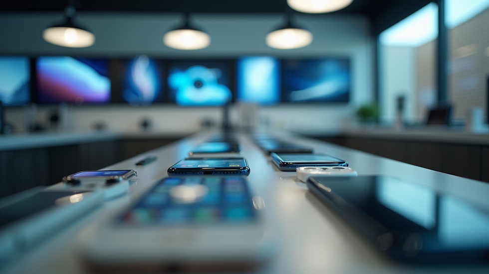 Eye-level view of a telecom store showcasing various mobile devices