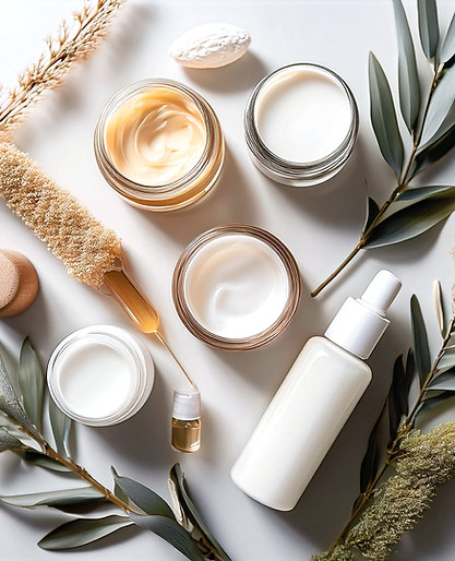 A_modern_skincare_flat_lay_featuring_elegant_bottles_and_jars_with_no_labels_containing_se