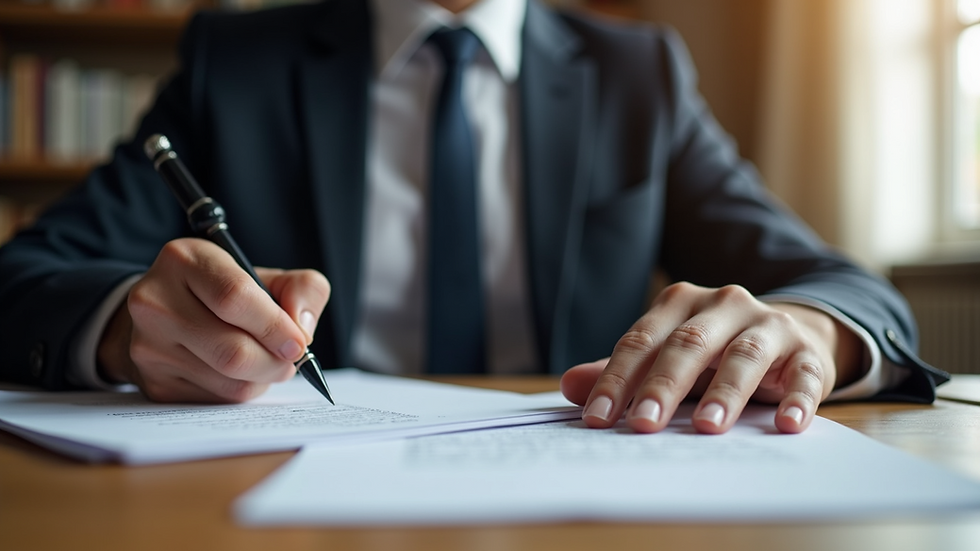 Vista frontal de un abogado en su oficina revisando documentos legales