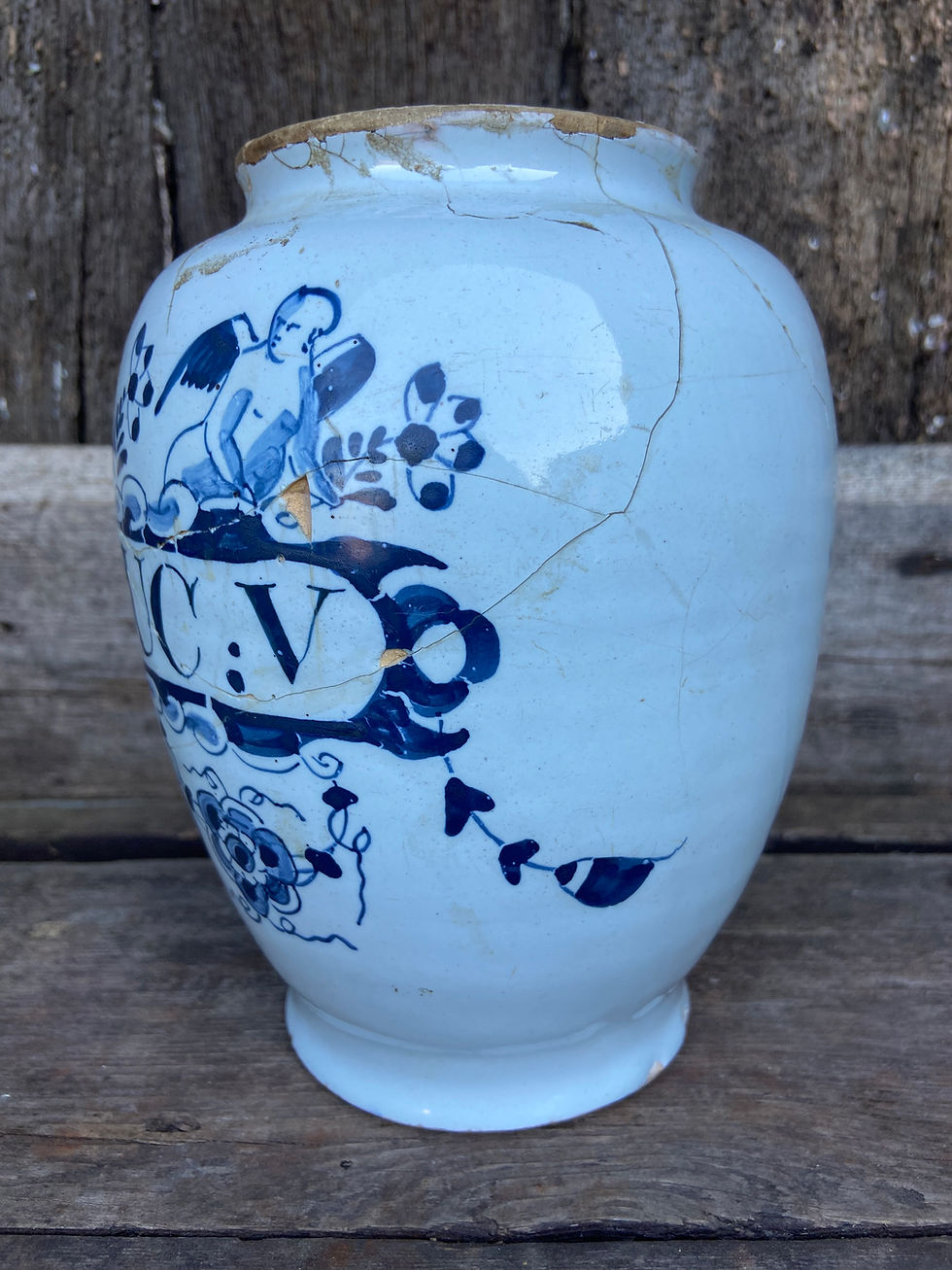 Thumbnail: English delftware drug jar Lambeth 1750 apothecary and English tinglazed wares 