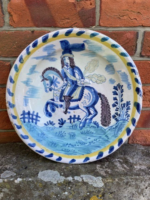 a rare london delftware blue dash charger depicting general monck on a rearing horse , current stock